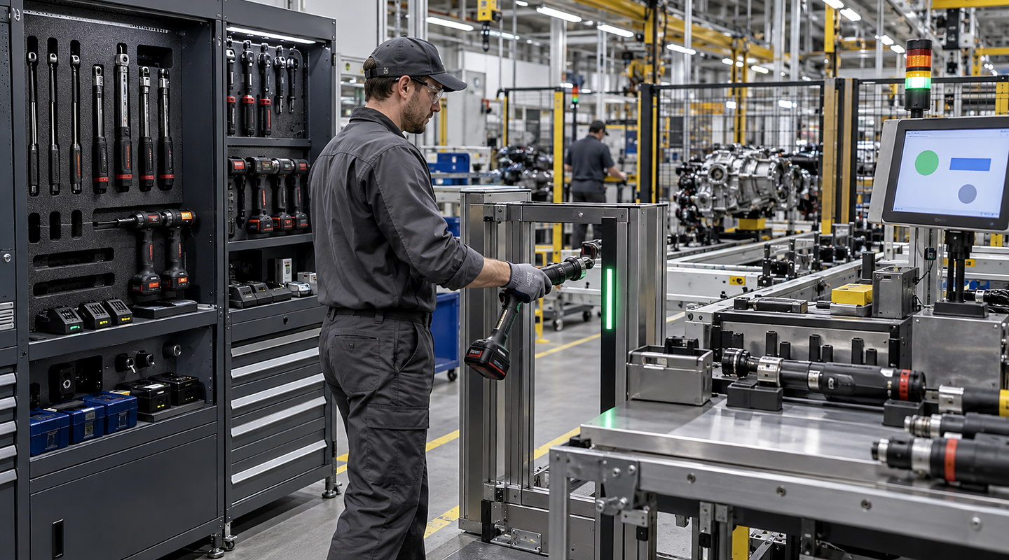 Operators checking tools through an RFID-controlled tool store or assembly station with tagged tools and reader zone visible.