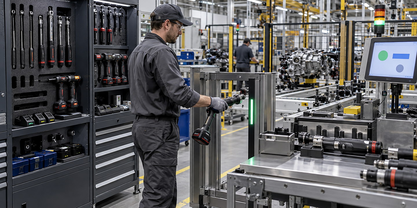 Operators checking tools through an RFID-controlled tool store or assembly station with tagged tools and reader zone visible.